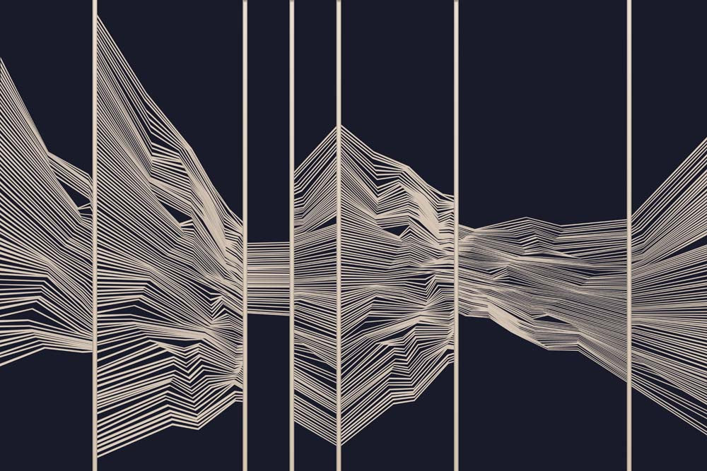 Papier peint vagues line art – Papier peint panoramique lignes beiges sur panneaux bleu marine foncé