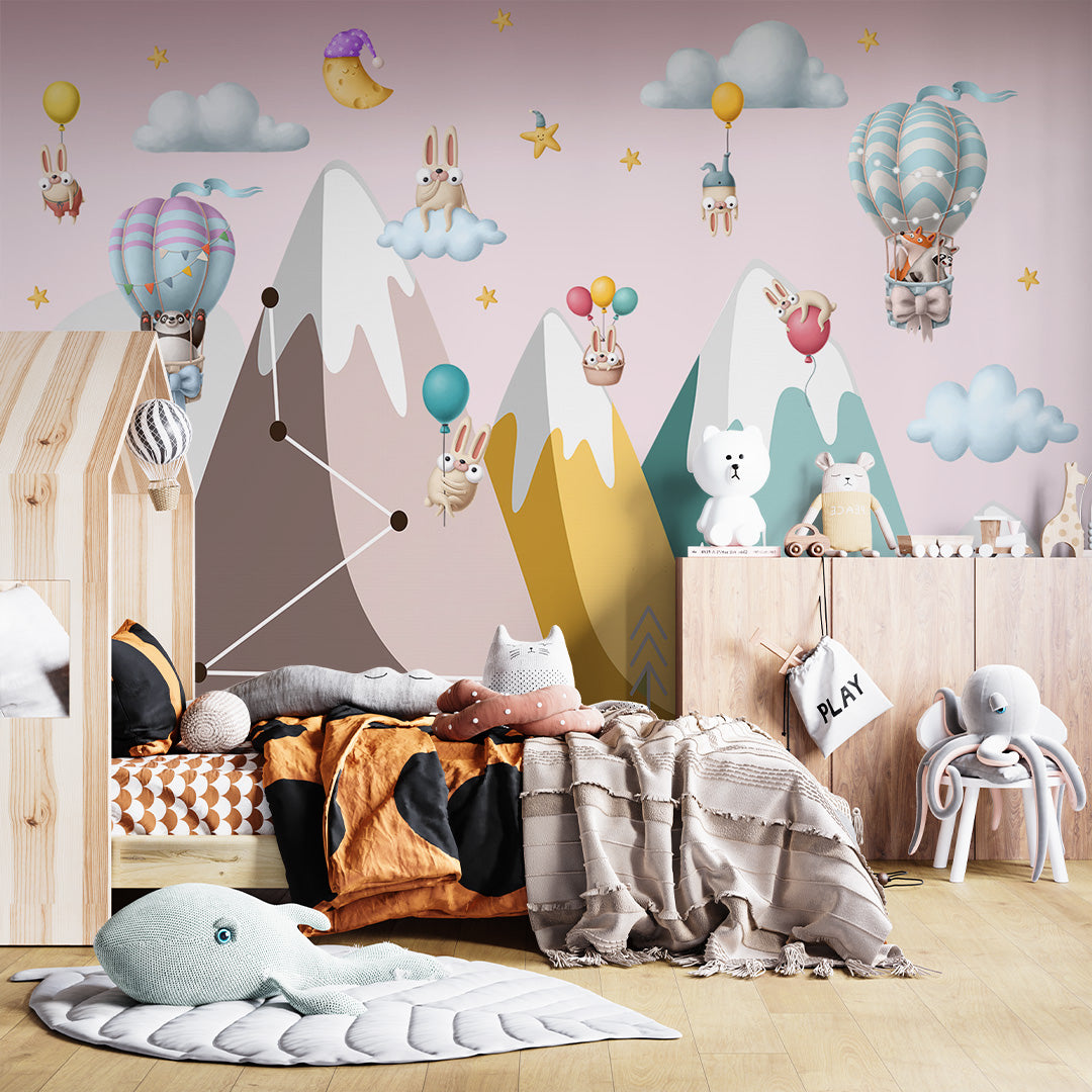 Custom Kids Wall Murals Clay Animals Mountains Adventure Balloon Wallpaper for Kids