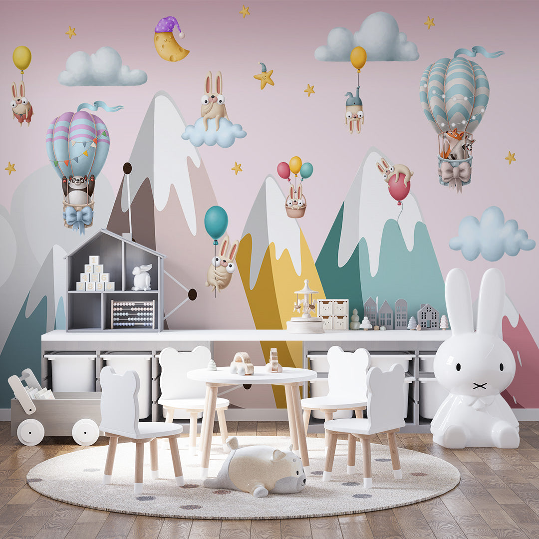 Custom Kids Wall Murals Clay Animals Mountains Adventure Balloon Wallpaper for Kids