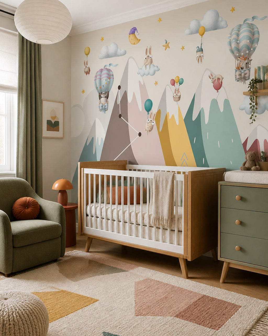 Dreamy animal balloon adventures kids room wallpaper in a modern nursery with a crib.
