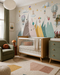 Dreamy animal balloon adventures kids room wallpaper in a modern nursery with a crib.