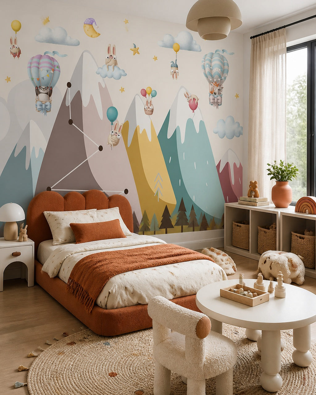 Dreamy animal balloon adventures kids room wallpaper in a toddler bedroom with a child-sized bed.