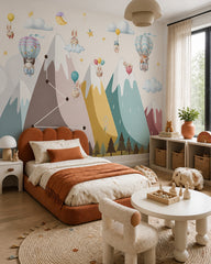 Dreamy animal balloon adventures kids room wallpaper in a toddler bedroom with a child-sized bed.