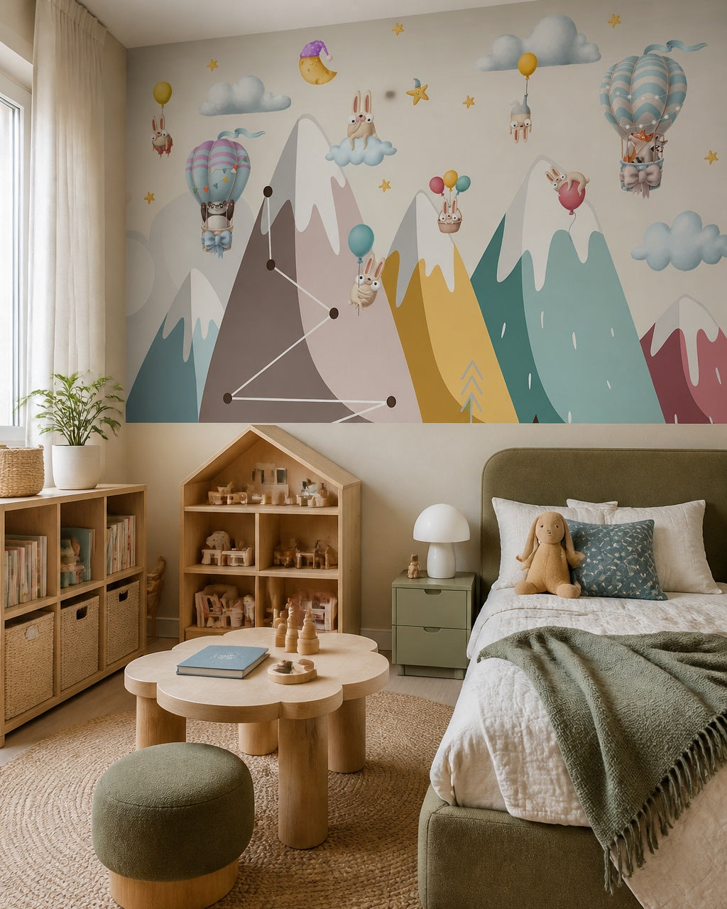 Dreamy animal balloon adventures kids room wallpaper in a girl’s bedroom.