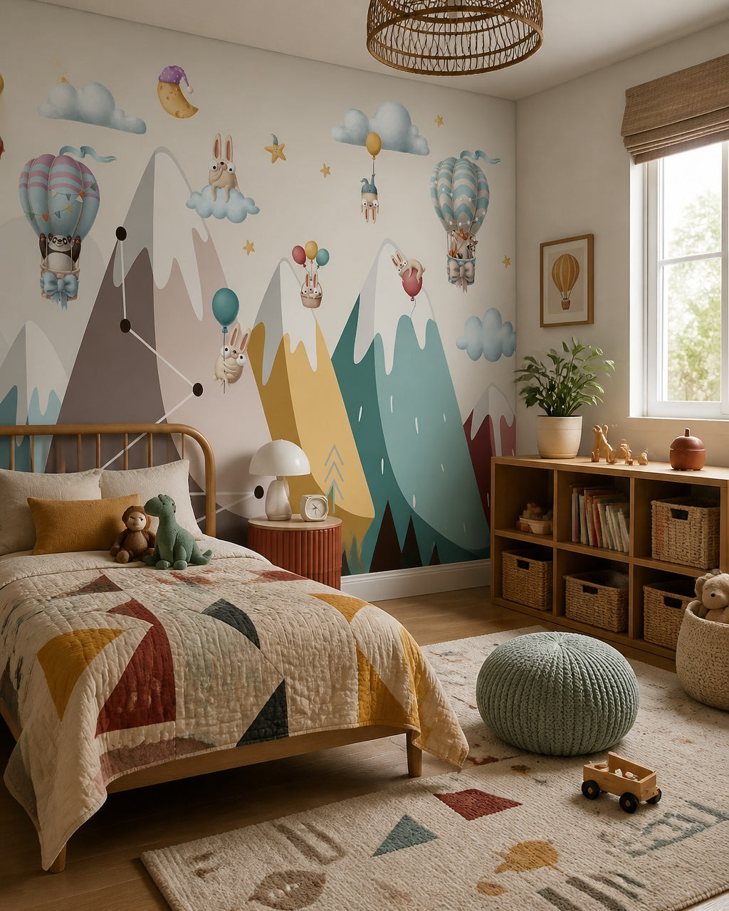 Dreamy animal balloon adventures kids room wallpaper in a boy’s bedroom.