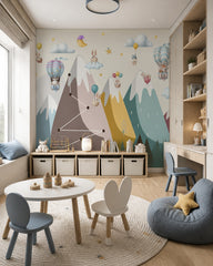 Dreamy animal balloon adventures kids room wallpaper in a children’s playroom.