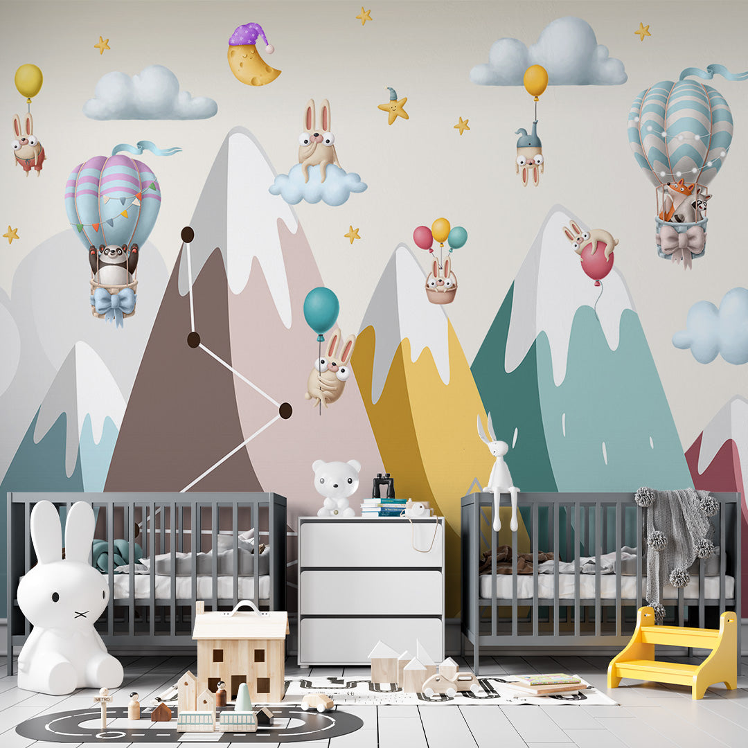 Kids Wall Murals Clay Animals Colorful Mountains Adventure Balloon Wallpaper for Kids