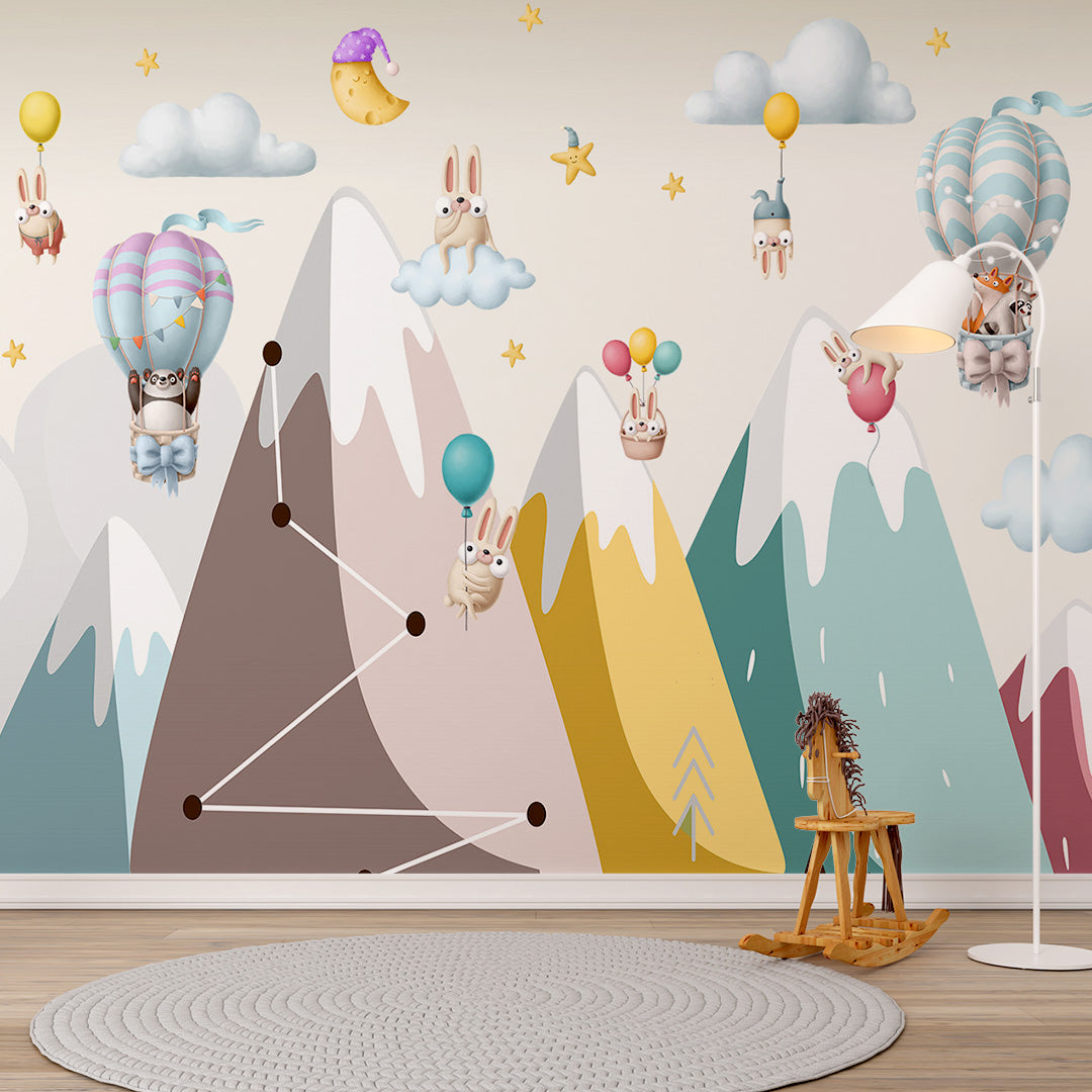 Kids Wall Murals Clay Animals Colorful Mountains Adventure Balloon Wallpaper for Kids