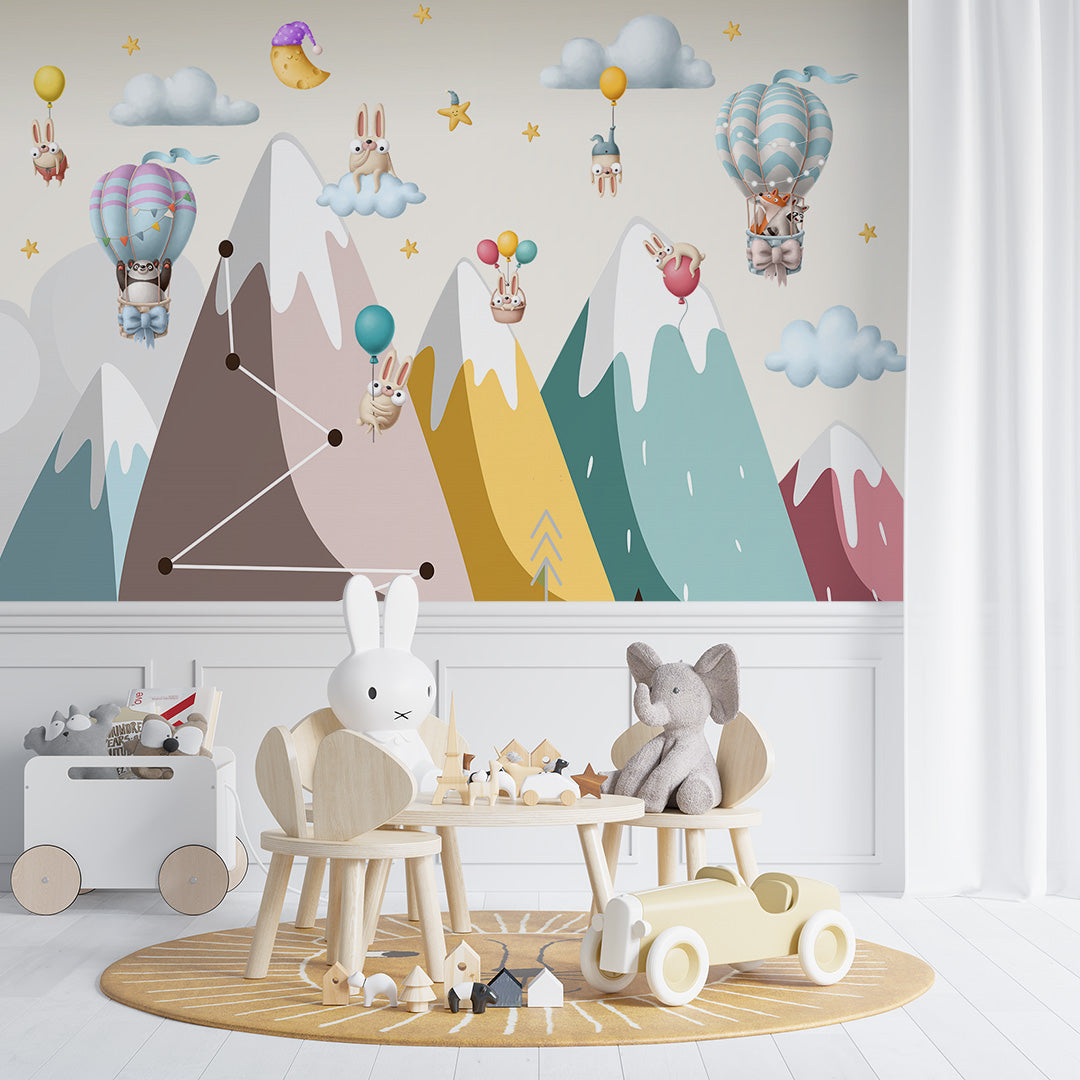 Kids Wall Murals Clay Animals Colorful Mountains Adventure Balloon Wallpaper for Kids