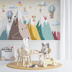 Custom Kids Wall Murals Clay Animals Colorful Mountains Adventure Balloon Wallpaper for Kids