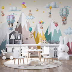 Custom Kids Wall Murals Clay Animals Colorful Mountains Adventure Balloon Wallpaper for Kids