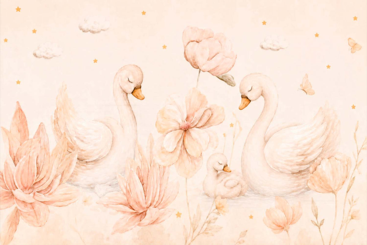 Zwanen en lotus behang – zachte perzik aquarel babykamer fotobehang