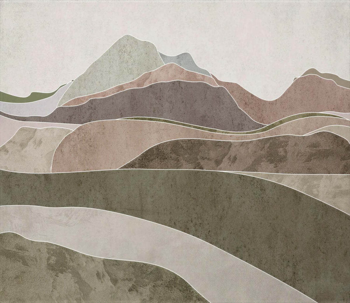 Papier peint collines de montagne abstraites – Panoramique paysage en couches sauge et mauve