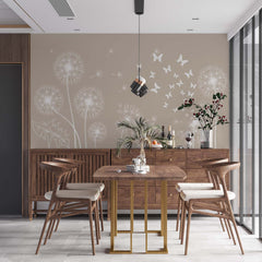 Custom Dandelion Silhouette Wall Mural on Beige Background Pastel Floral Wallpaper