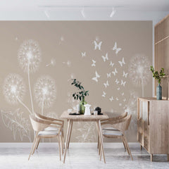 Custom Dandelion Silhouette Wall Mural on Beige Background Pastel Floral Wallpaper