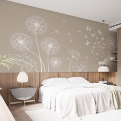 Custom Dandelion Silhouette Wall Mural on Beige Background Pastel Floral Wallpaper