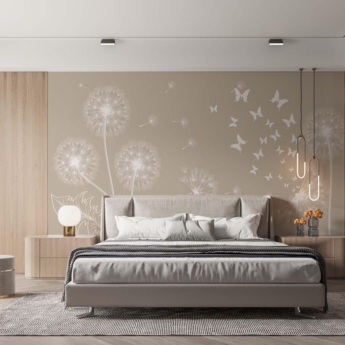 Custom Dandelion Silhouette Wall Mural on Beige Background Pastel Floral Wallpaper