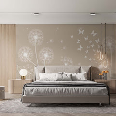 Custom Dandelion Silhouette Wall Mural on Beige Background Pastel Floral Wallpaper