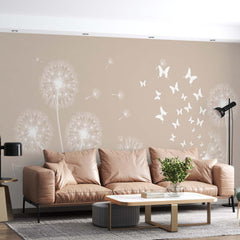 Custom Dandelion Silhouette Wall Mural on Beige Background Pastel Floral Wallpaper