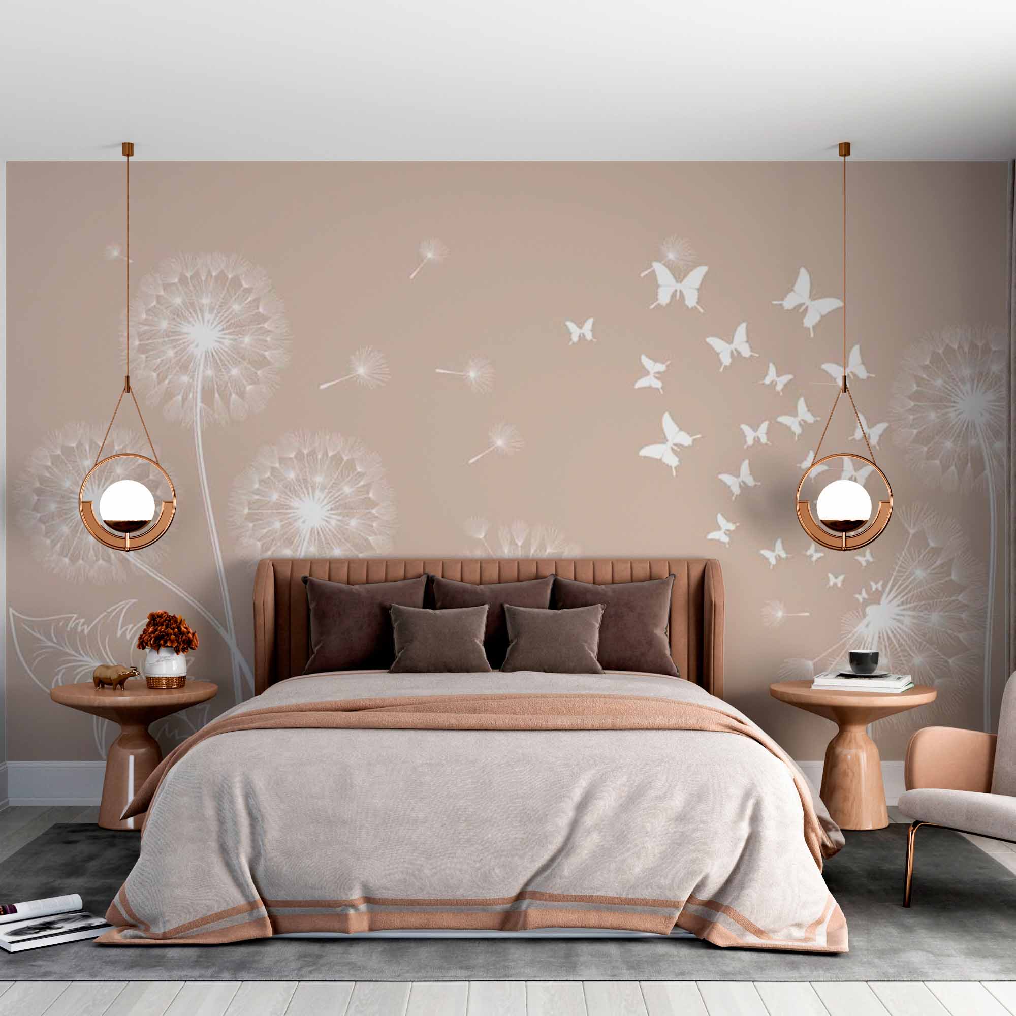 Dandelion Silhouette Wall Mural on Beige Background Pastel Floral Wallpaper