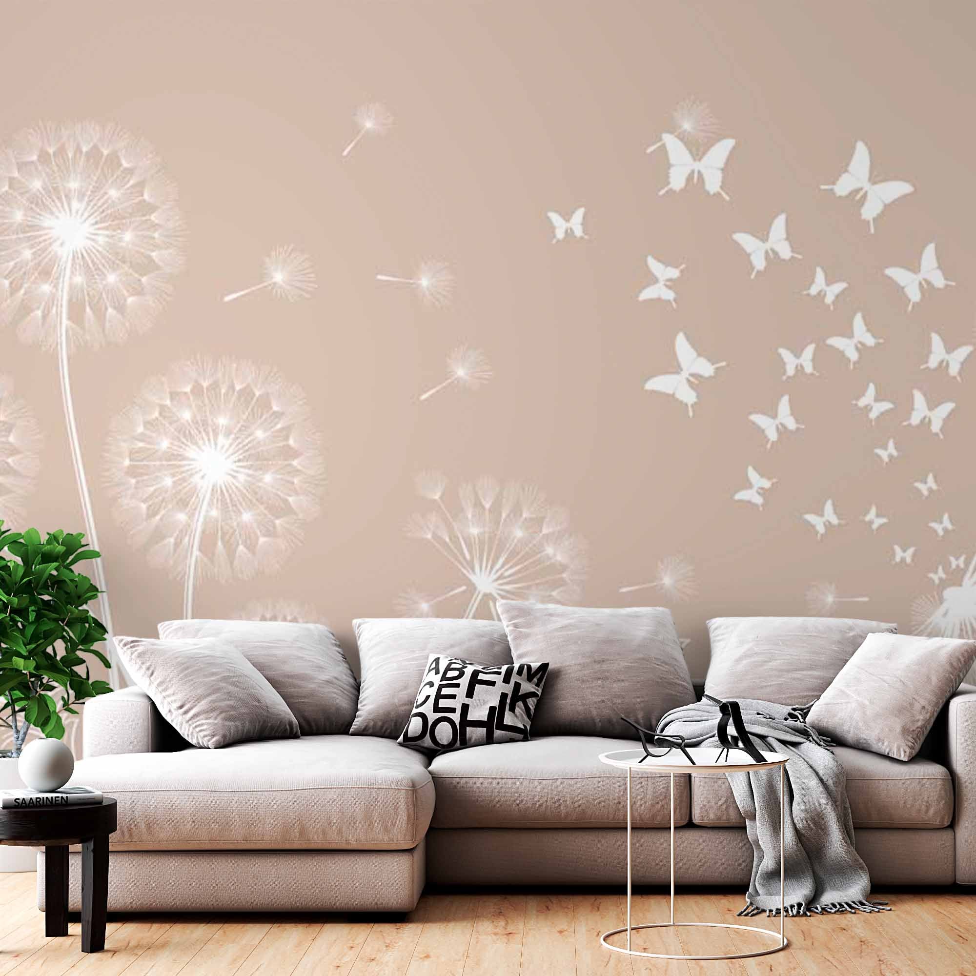 Dandelion Silhouette Wall Mural on Beige Background Pastel Floral Wallpaper