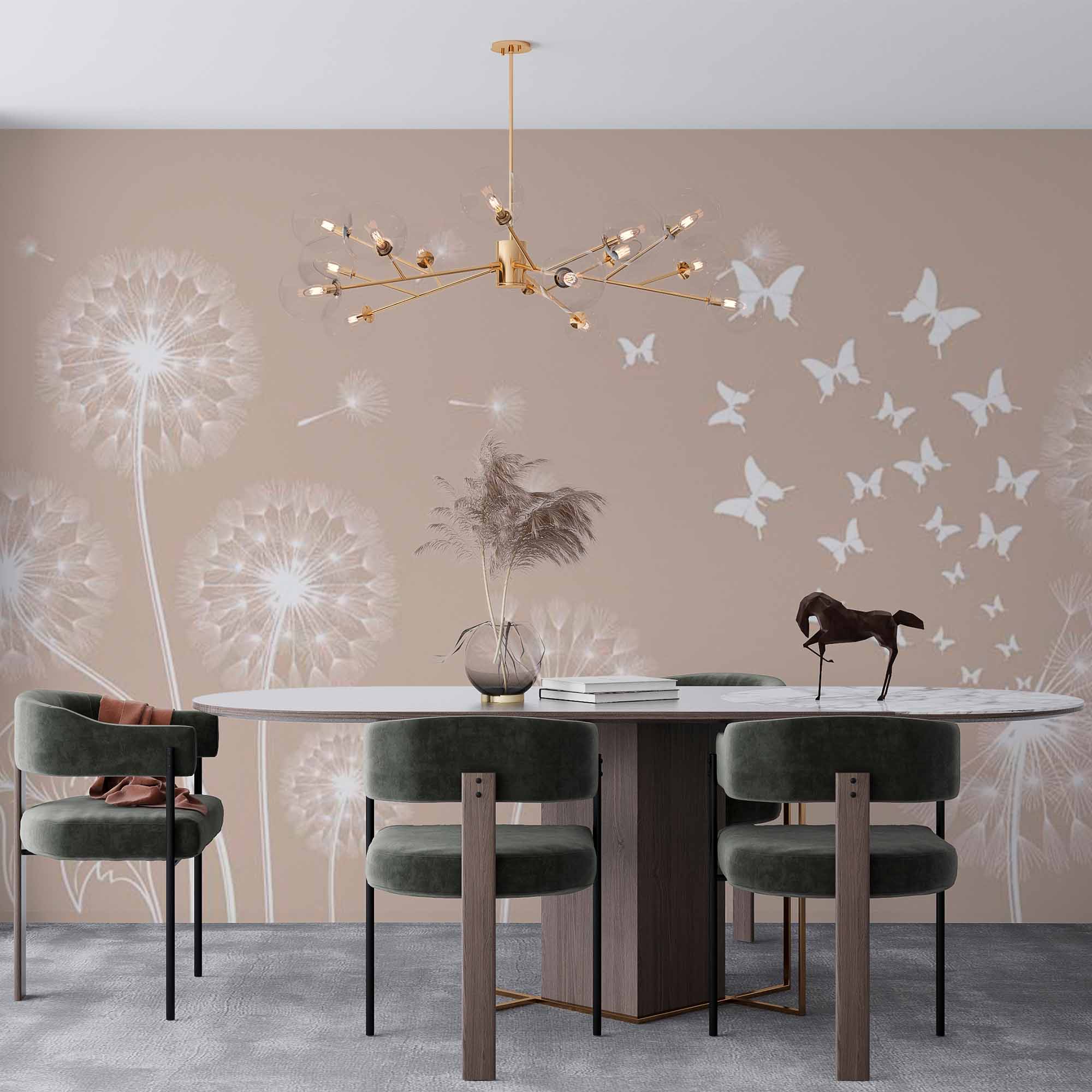 Dandelion Silhouette Wall Mural on Beige Background Pastel Floral Wallpaper