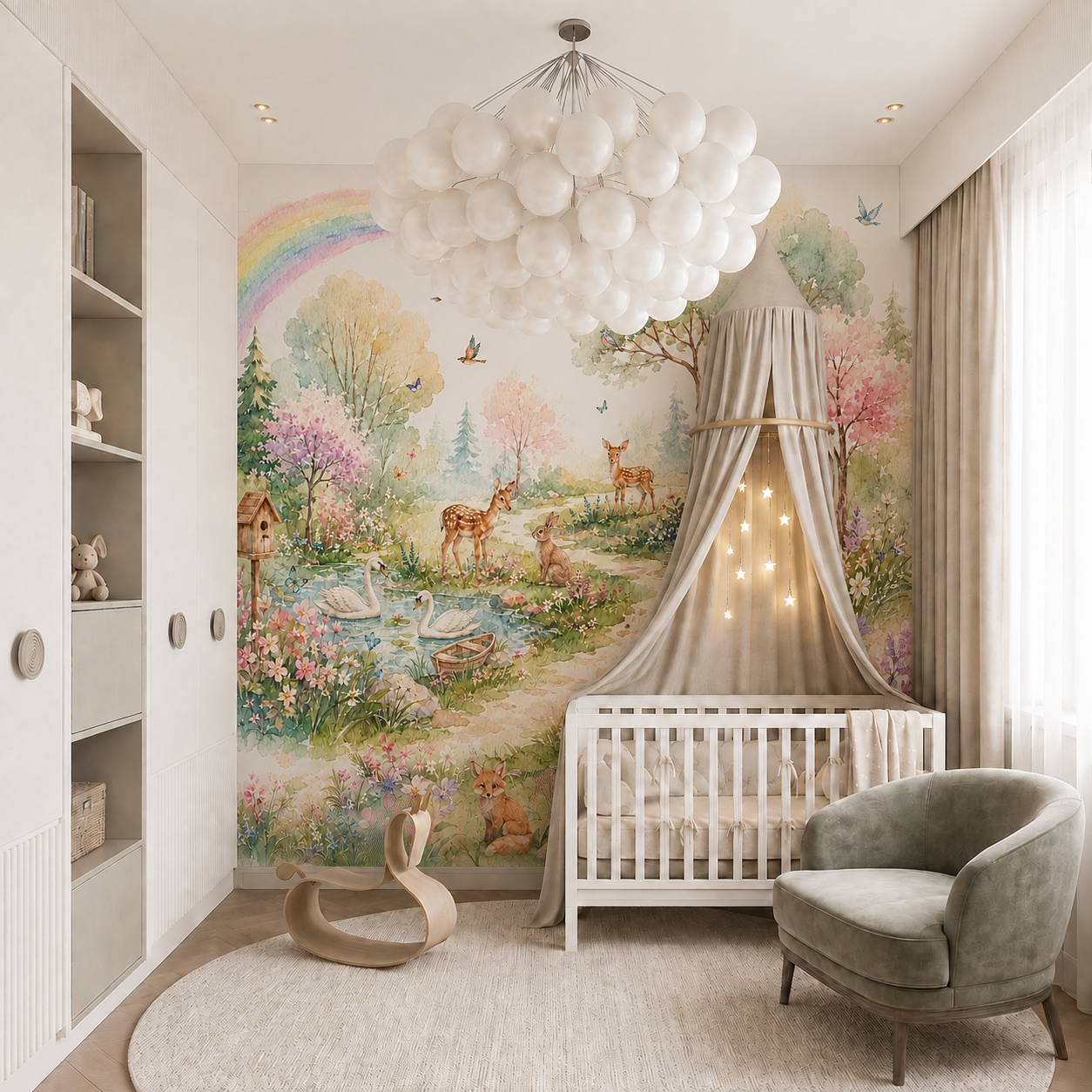 Woodland animal wallpaper displayed in a modern nursery with white crib, deer, swans, bunny, fox and pastel rainbow.
