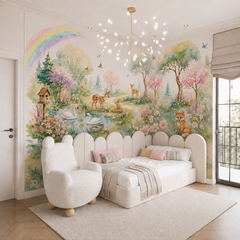 Enchanted forest wallpaper shown in a bright children’s bedroom with deer, swans, fox, bunny, flowers and rainbow.