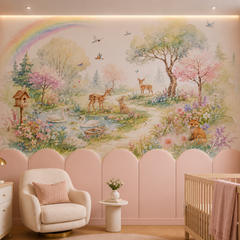 Pastel woodland wall mural displayed above pink wall paneling in a soft neutral nursery with deer, fox and swans.