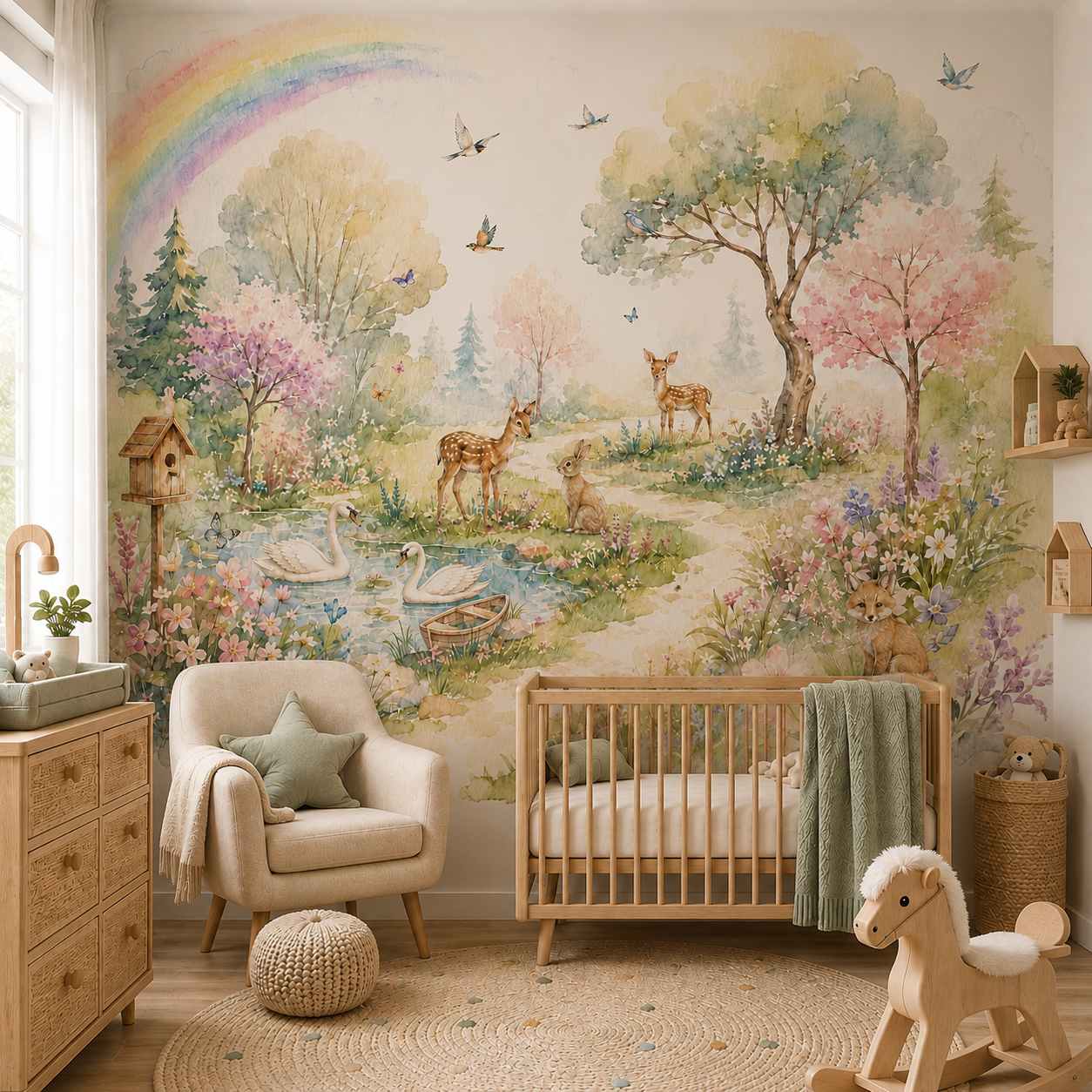 Watercolor woodland wallpaper mural with deer, swans, bunny, fox, rainbow, flowers, birds and pastel forest trees.