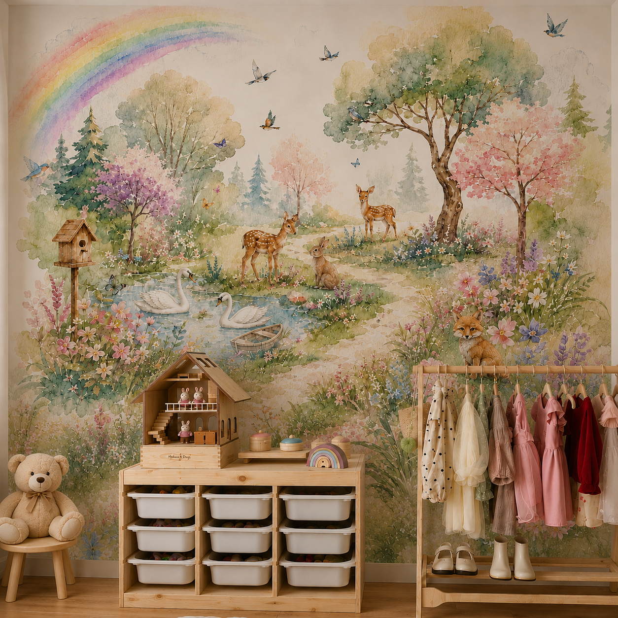 Watercolor forest nursery wallpaper behind a natural wood crib with deer, swans, bunny, fox, wildflowers and rainbow.