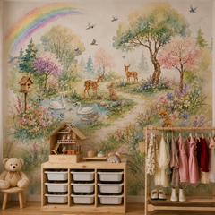 Watercolor forest nursery wallpaper behind a natural wood crib with deer, swans, bunny, fox, wildflowers and rainbow.