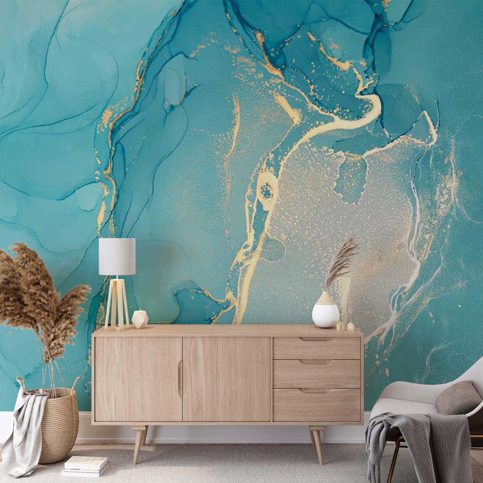 Ocean Blue Mural Aqva Art Błyszcząca abstrakcyjna fioletowa tapeta z płynnym atramentem