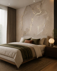 Beige liquid ink wallpaper in a designer bedroom.