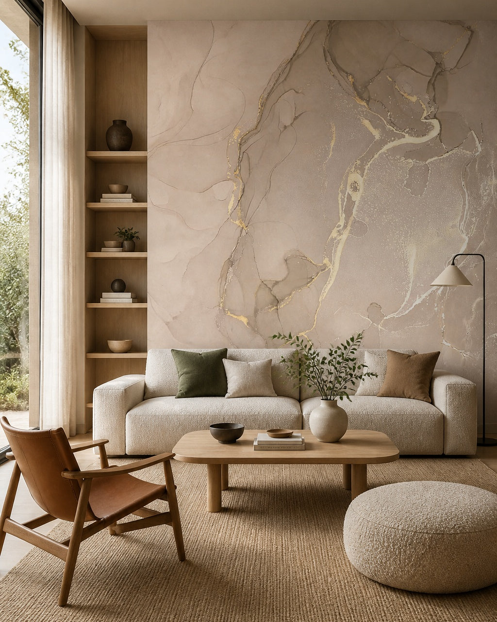 Beige liquid ink wallpaper in a designer living room.
