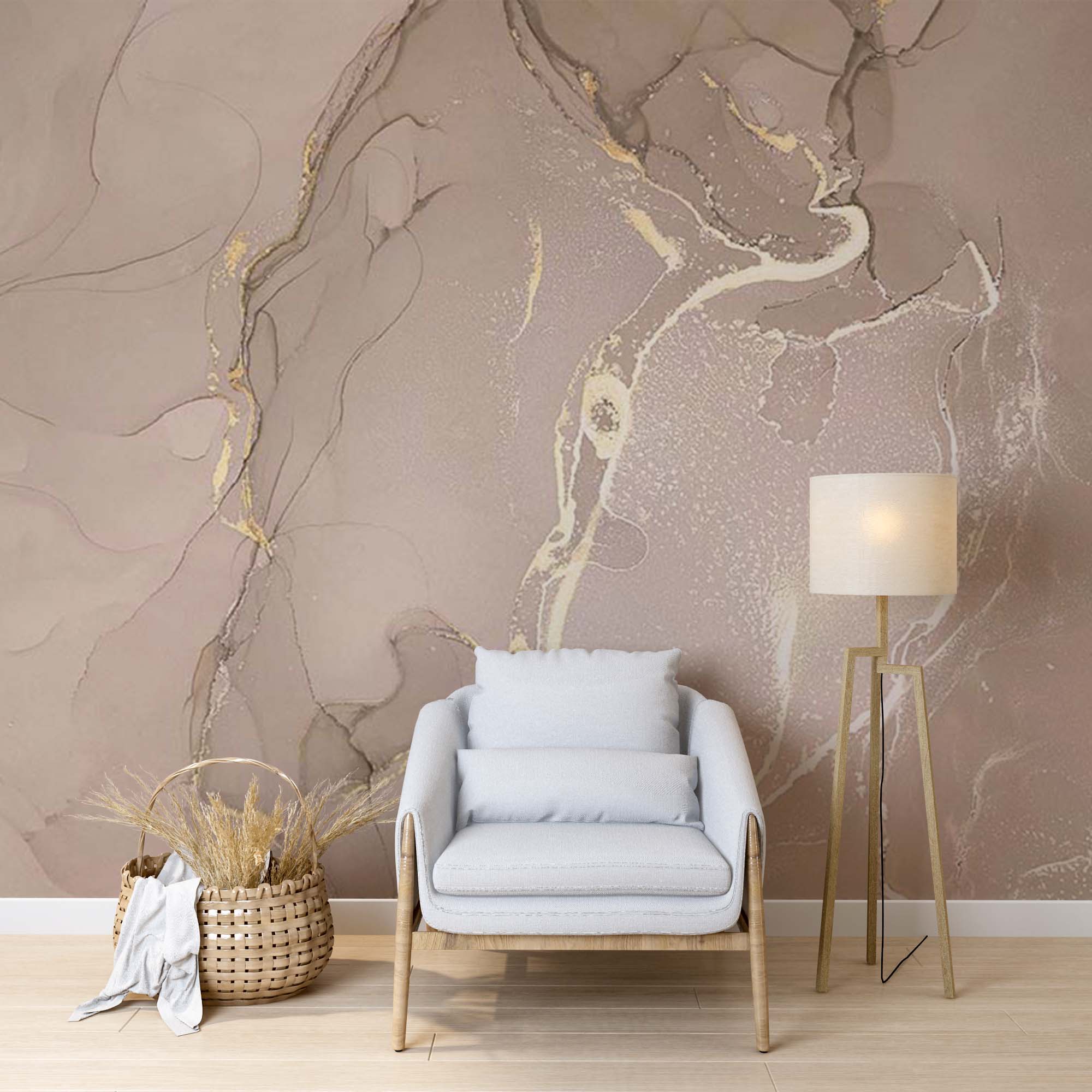 Beige Wall Mural Aqva Art Glittered Abstract Liquid Ink Wallpaper