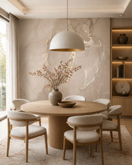 Beige liquid ink wallpaper in a refined dining area.