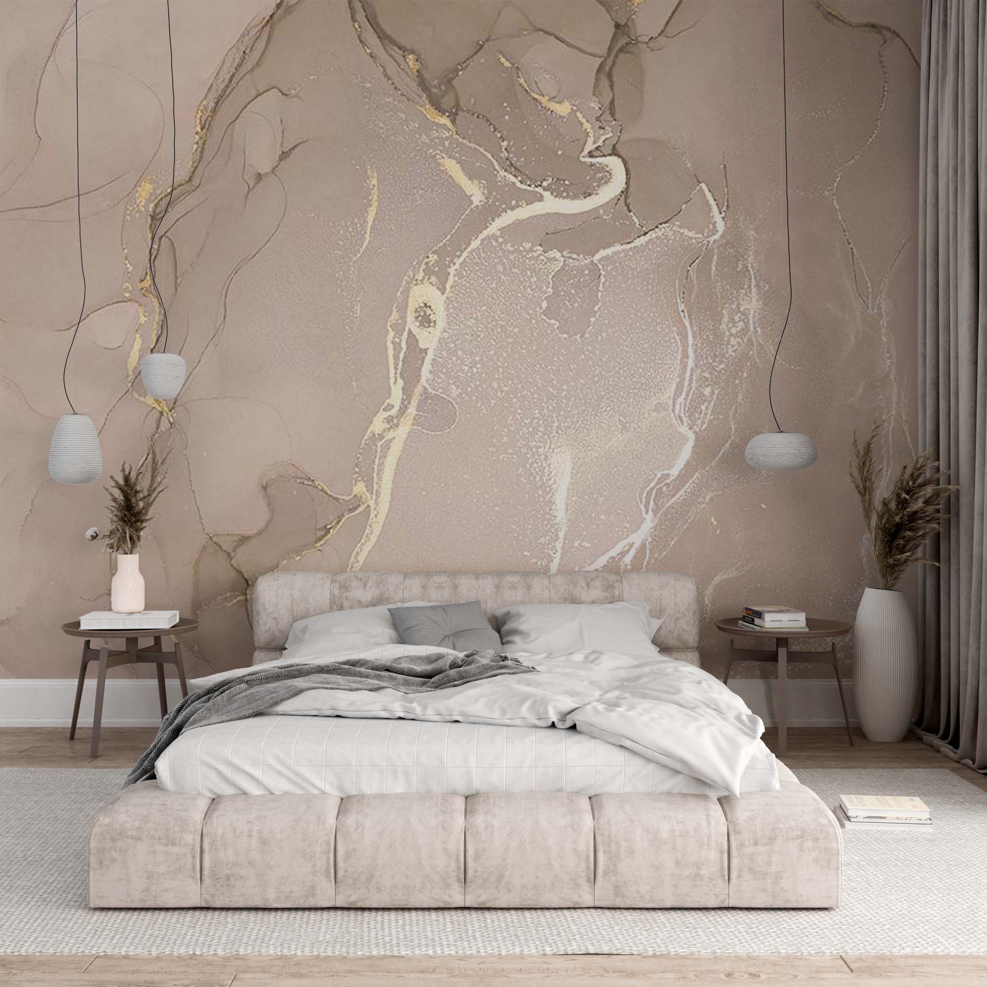 Beige Wall Mural Aqva Art Glittered Abstract Liquid Ink Wallpaper