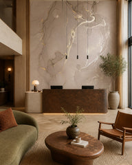 Beige liquid ink wallpaper in a boutique hotel lobby.