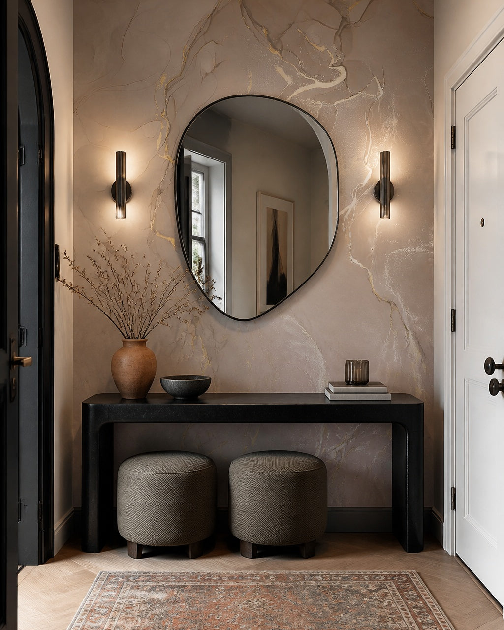 Beige liquid ink wallpaper in a refined foyer.