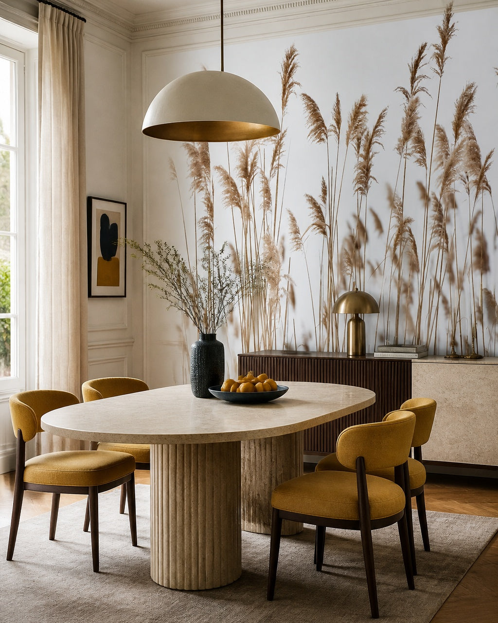 Reeds wallpaper in a refined dining area.