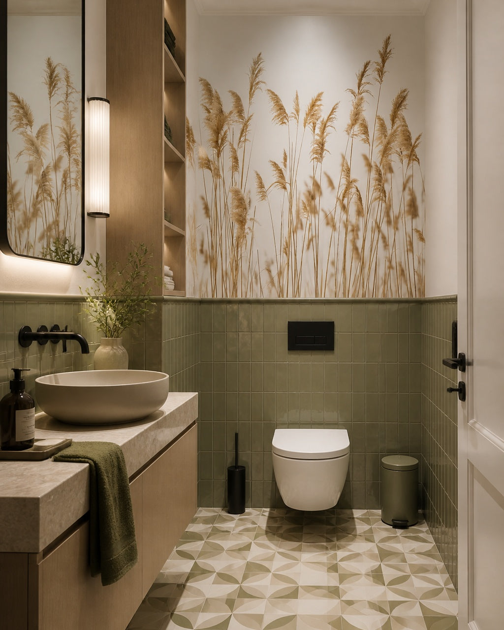 Reeds wallpaper in an elegant powder room.