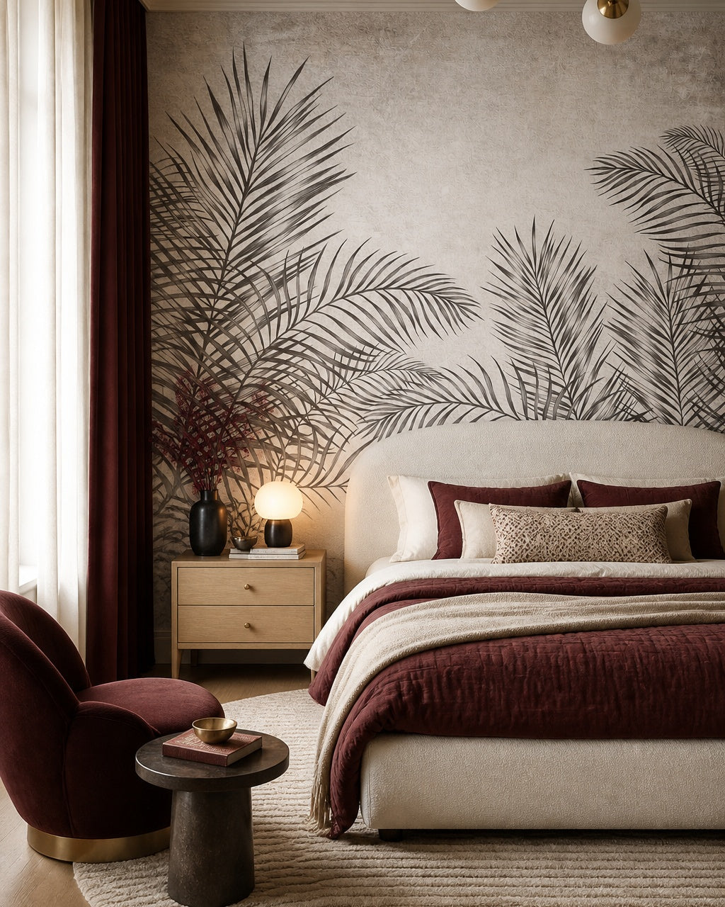 Dark fern fresco wallpaper in a designer bedroom.