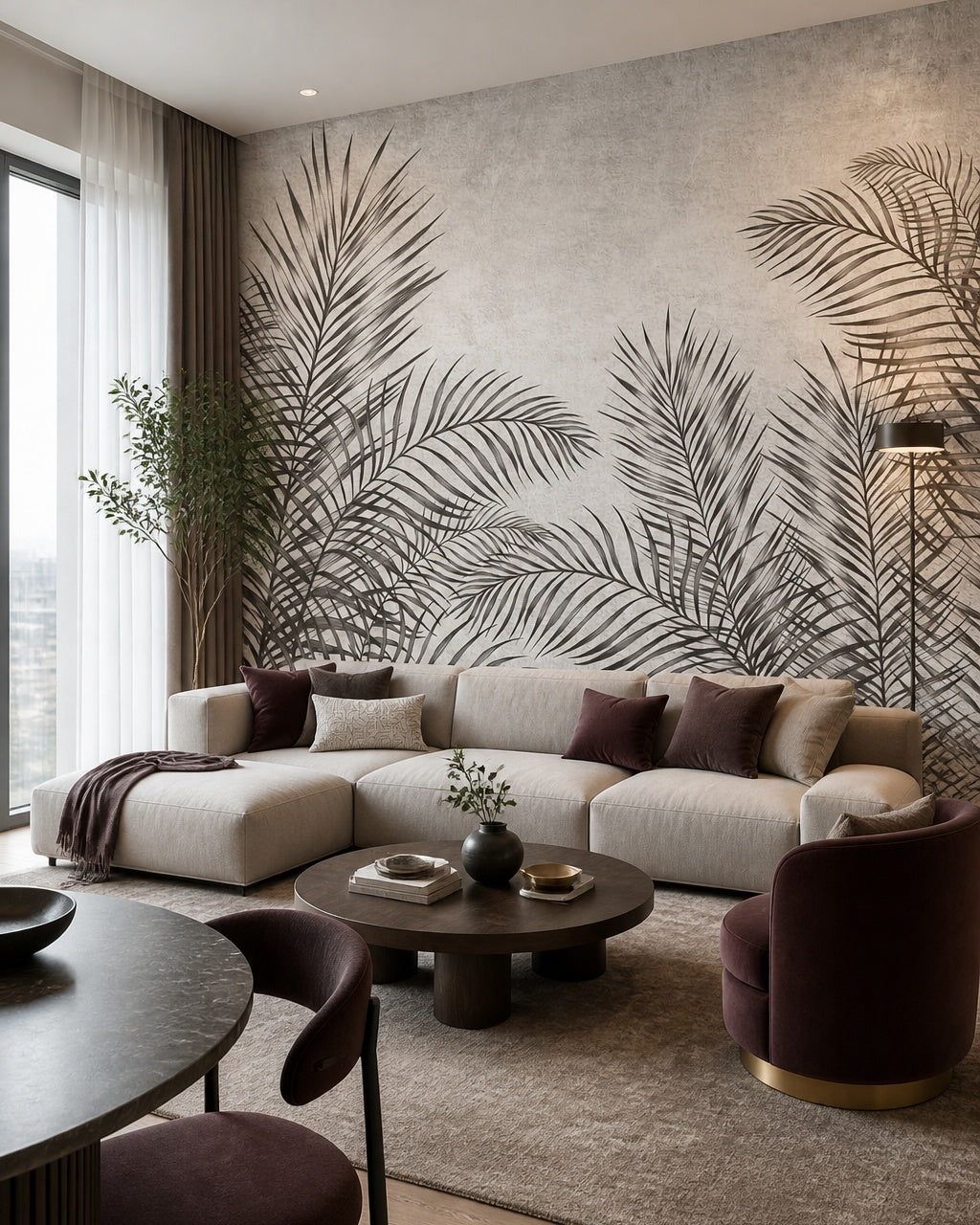 Dark fern fresco wallpaper in a designer living room.