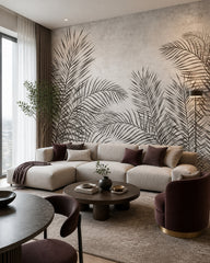 Dark fern fresco wallpaper in a designer living room.