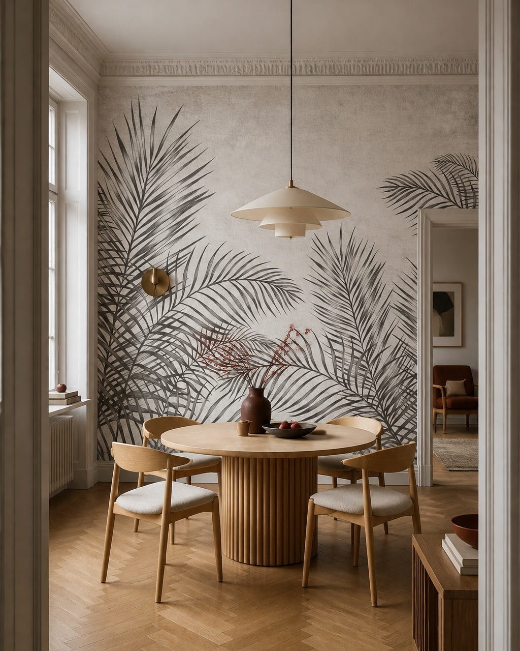 Dark fern fresco wallpaper in a refined dining area.