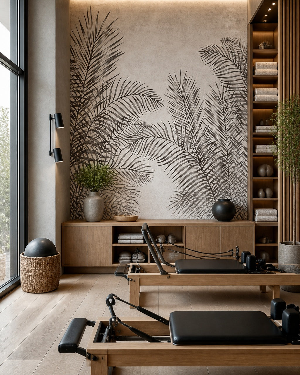 Dark fern fresco wallpaper in a fitness studio.