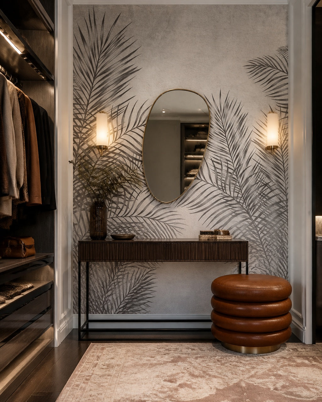 Dark fern fresco wallpaper in a dressing room.