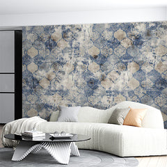 Custom Vintage Distressed Blue and White Floral Tile Wallpaper