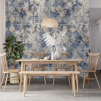 Vintage Distressed Blue and White Floral Tile Wallpaper